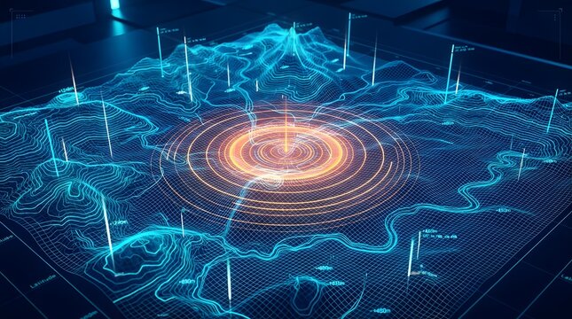 Holographic topographic map display with glowing terrain, radar rings, and marker pins on futuristic digital table interface