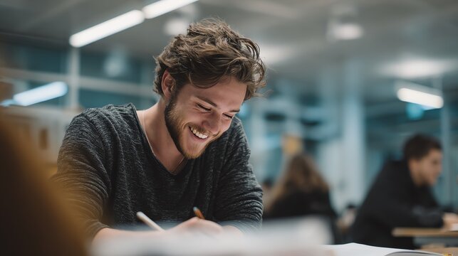 happy student working on assignment