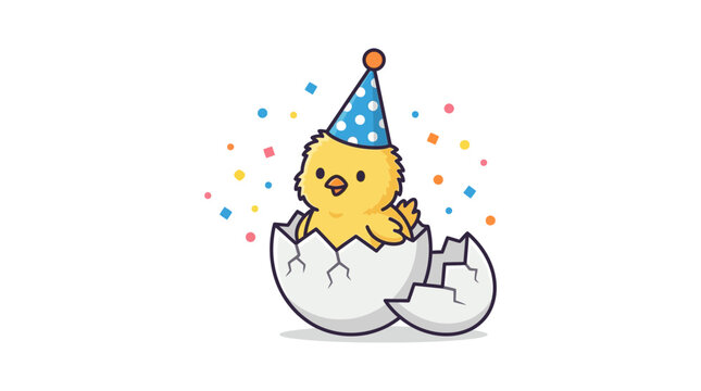 A cartoon chick emerges from an eggshell wearing a party hat amid confetti.
