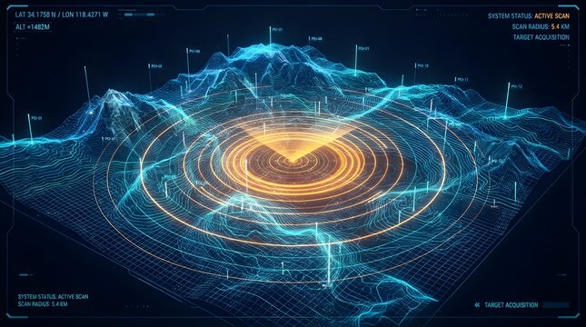 Holographic topographic map display with glowing terrain, radar rings, and marker pins on futuristic digital table interface