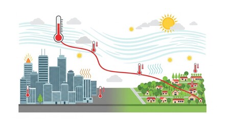 Obraz premium Modern city energy transmission line connecting urban skyline to green countryside under bright sunny sky