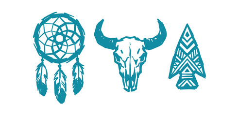 Native America cultural icons featuring dreamcatcher bison skull and arrowhead vector set © WS