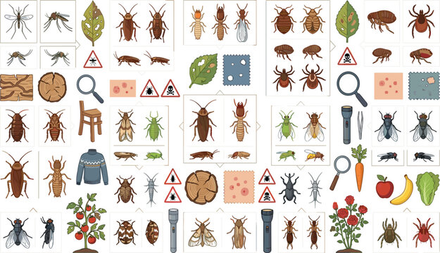 Household pests and parasite vector icon set with bed bugs fleas cockroaches termites and ticks