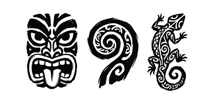 Maori Guardians Tribal Symbol Set with Tiki Mask and Lizard Illustration