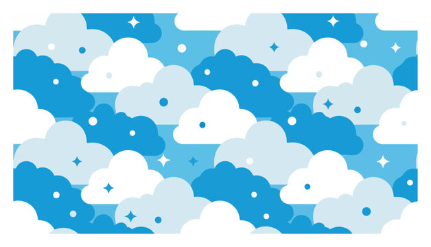 Fluffy clouds seamless pattern in blue sky with small stars in cartoon flat style