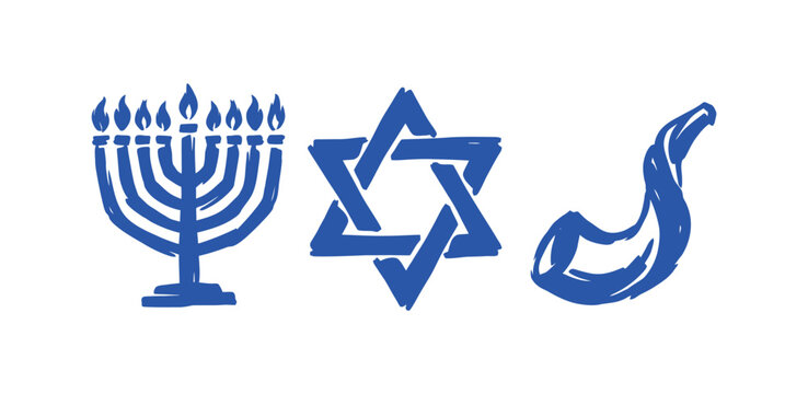 Blue brushstroke Jewish holiday symbols with menorah and star of david for celebration