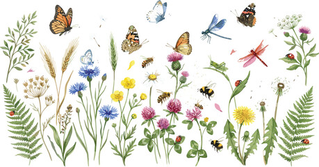 Obraz premium Watercolor summer wildflower meadow element set with colorful butterflies bees dragonflies and garden grass