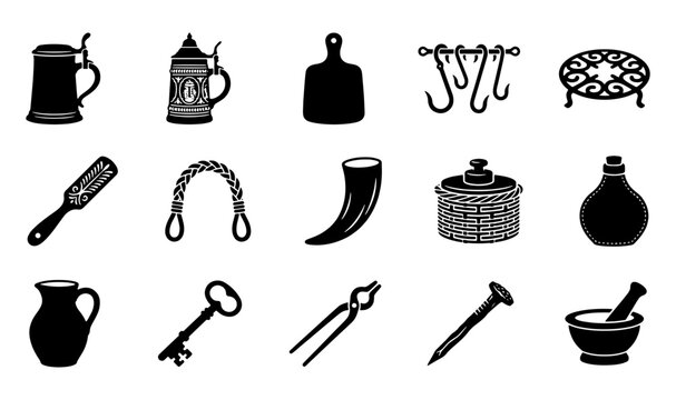 Vintage medieval lifestyle icons set, 15 black silhouette antique household objects, rustic historical kitchenware and tavern equipment vector elements