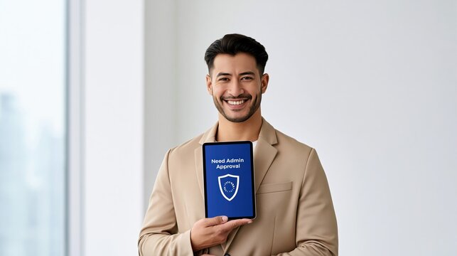 Happy man holding tablet screen showing need admin approval request for secure access