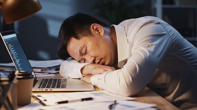 Close view of tired office worker asleep at desk, head on folded arms beside open laptop, paperwork, pen, coffee cup, warm lamp light, quiet late-night workspace atmosphere, with man, sleeping, desk
