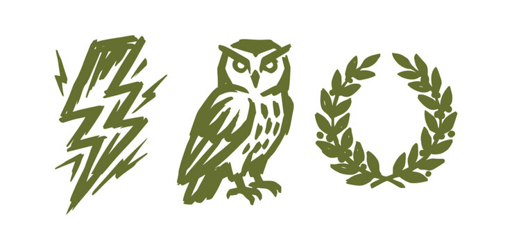 Greek Mythology Symbols Hand Drawn Icon Set with Owl and Laurel Wreath