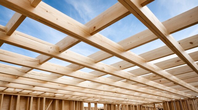 Wooden roof framing structure on a construction site