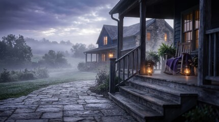 Fototapeta premium Front porch of country cabin at twilight with rocking chairs and glowing lanterns during misty evening landscape scenery.