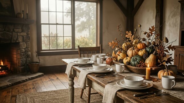 Dining table setting for fall feast featuring wooden bowl filled with pumpkins and autumn leaves near stone fireplace glow.