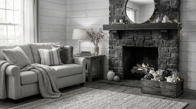 Cozy rustic living room featuring stone fireplace hearth with pumpkins in wooden crate and warm autumn home decor aesthetic.