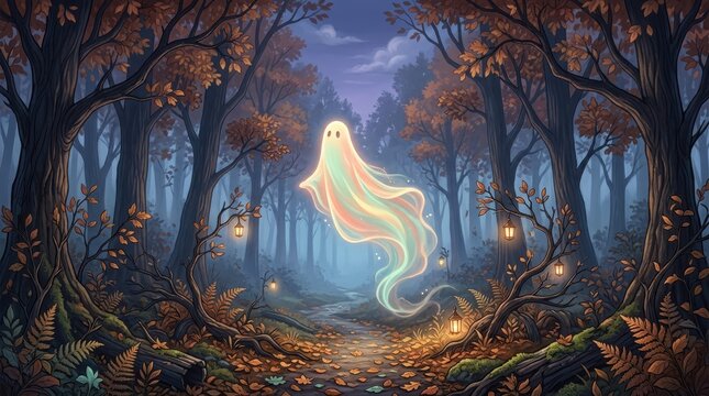 Glowing ethereal ghost floating in magical forest path at sunset surrounded by orange autumn leaves and hanging lanterns.