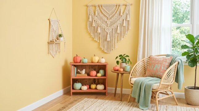 Minimalist room corner featuring macrame wall decor and wooden shelf with small colorful pumpkins on yellow painted wall.