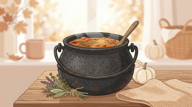 Illustration of steaming black cauldron filled with hearty soup beside white pumpkins and herbs on rustic wooden table.