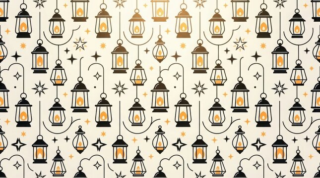 Seamless pattern of vintage lanterns and stars on a light background decorative oriental asian style.