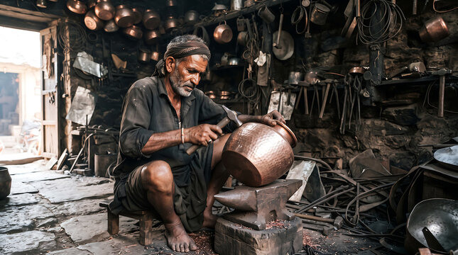 Traditional Indian Coppersmith Hammering a Copper Vessel on an Anvil in a Rustic Workshop