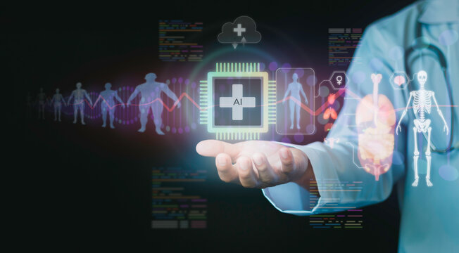 Medical professional using futuristic AI digital technology for healthcare innovation. Doctor analyzing virtual data interface for human anatomy, population health, and medicine.