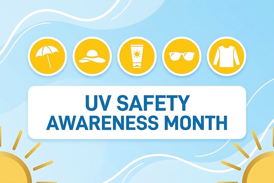 UV safety awareness month concept with sun protection icons and wavy background promoting healthy outdoor activities and summertime fun.