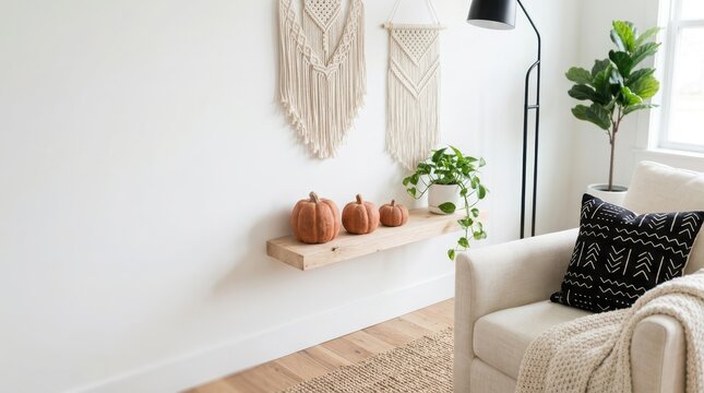 Minimalist autumn interior decor with wooden floating shelf featuring three orange pumpkins and macrame wall hangings.