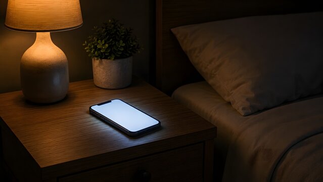 A smartphone rests illuminated on a bedside table next to a bed, casting a soft glow in the dim room.
