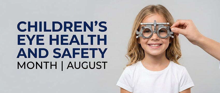 Child gets eye exam for childrens eye health and safety awareness month with optometrist using phoropter and text month august showing comprehensive pediatric vision care.