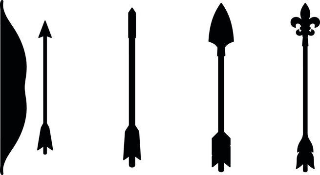 Vintage Archery Bow and Arrow Silhouette Icon Set with Medieval Fleur De Lis Spearhead and Tribal Weapon Elements