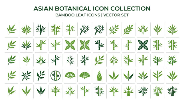 Asian botanical bamboo leaf icons set.