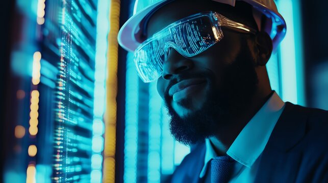 Smile Engineer in hardhat Analysing data in computer