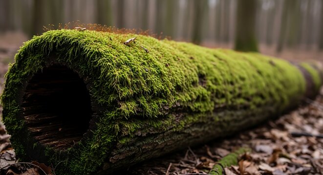 Green Moss Covered Fallen Log Resting on Forest Floor