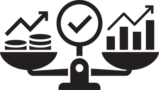 Balance scale with financial and statistical icons on white