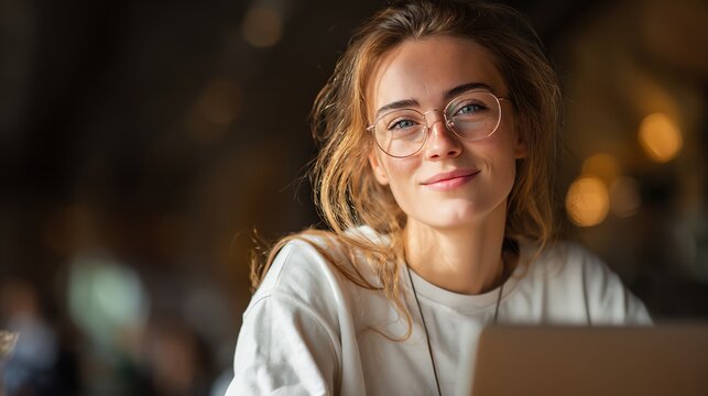smiling freelancer using laptop in cafe, blurred background, copy space, natural lighting