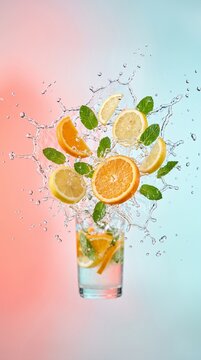 Vibrant citrus fruits splashing into a glass on colorful background
