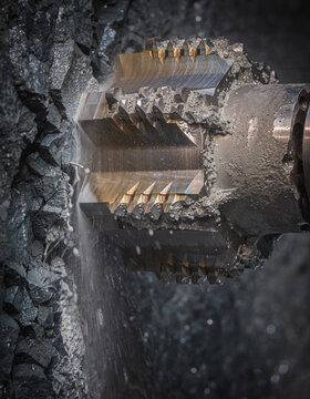 Industrial rotary cutter head drilling machine boring into hard stone rock wall with muddy slush