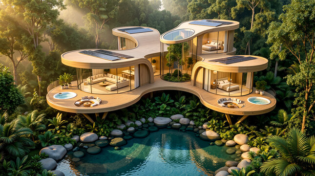 A house in the middle of a lush green forest surrounded by trees