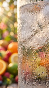 Close-up of a frosty glass with condensation and colorful blurred background