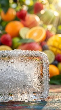 Close-up of Ice Block with Fresh Fruit in Background, Bright and Vibrant