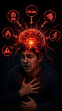 Man Experiencing Severe Anxiety and Panic Attack with Brain Highlighting PTSD Trauma Triggers and Fear Icons