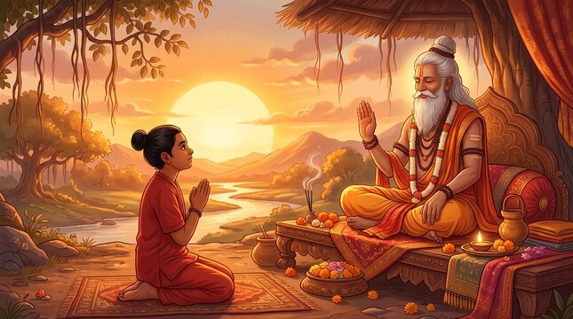 Ancient indian guru sitting on a decorated platform blessing a kneeling disciple in a serene landscape guru purnima