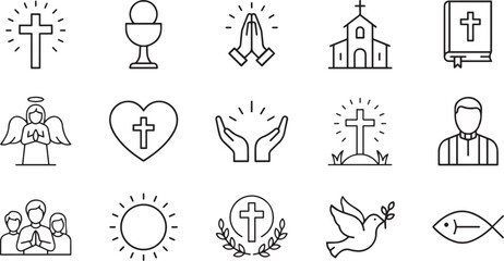 Obraz premium Christianity symbols and icons in line art style on white background