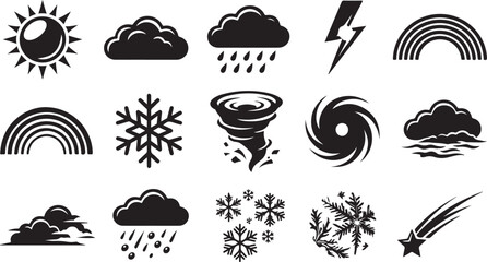 Collection of black and white weather featuring sun, clouds, rain, lightning, rainbow, snowflake, tornado, hurricane, fog, and shooting star symbols on a white background © MdAbu