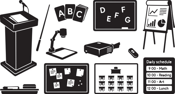 Black and white classroom equipment including a podium, chalkboard with letters, projector, flip chart with graphs, bulletin board with notes, and a daily schedule table
