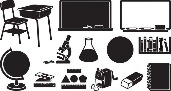 Black and white silhouette set of school and classroom supplies, featuring a desk, chalkboard, microscope, globe, books, notebook, pencil sharpener, and various geometry tools for education