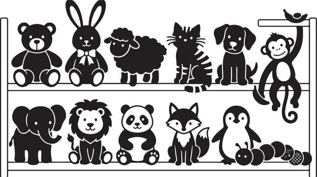 Black and white silhouette of various stuffed animals and zoo creatures sitting on two wooden shelves, including a teddy bear, rabbit, sheep, cat, dog, monkey, elephant, lion, and panda
