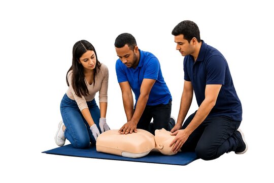 Diverse Group Practicing CPR and First Aid on a Medical Mannequin Isolated on White Background