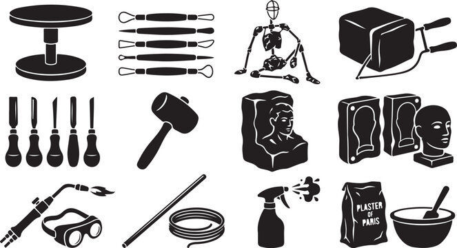 Set of black and white representing sculpting and pottery tools, including a potter's wheel, modeling loops, wire cutters, a mallet, chisels, plaster molds, safety goggles, and