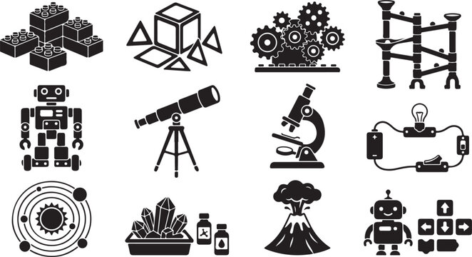 Set of black and white stem education featuring building blocks, gears, robot, telescope, microscope, electric circuit, solar system, crystals, volcano, and keyboard arrow keys